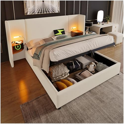 Lubvtti Cama Matrimonio 180x200 cm con lámpara de Lectura y función de Carga USB & Type-C,Cama Doble con Almacenamiento,Cama con almacenaje,Estructura Cama 180 x 200 con somier de láminas,Lino,Beige