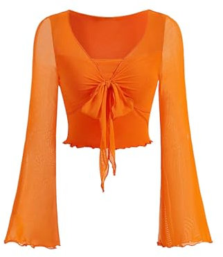 SweatyRocks Women's Crop Top V Neck Casual Long Sleeve T-Shirts Crop Tops with Bell Sleeves, orange, M