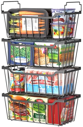 WELDUN Chest Freezer Baskets with Foldable Handle, 4 Pack Stackable Organizer for 99L 198L Small Chest Freezer, Metal Storage Bins with Space Utilization, Black