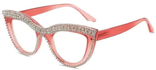 AOOLIA Katzenauge Lesebrille Damen, Leichte Kristall Designer Brillengestelle, Damen Cat Eye Lesen Gläser Brille (Rot, 2, x)