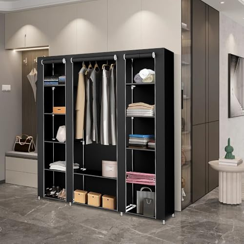 Supfine Aufbewahrungsschrank mit Kleiderstange und Regalen, Stoffschrank, tragbar, für Schlafzimmer (Schwarz, A, 175 x 150 x 45 cm)