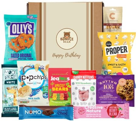 Vegan Hamper Snack Box, Chocolate, Sweets, Crisps & Nuts Gift Selection by Bundle Bear, Vegan Chocolate Gifts & Plant Based Treats, Snack Gift Box for Women & Men (Happy Birthday)