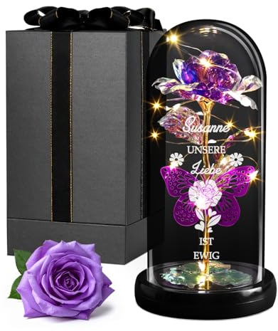 Maverton Violette ewige Rose mit LED-Beleuchtung in Glaskuppel mit Gravur | Geschenke für Frauen, Geburtstagsgeschenk für Frauen, personalisierte Geschenke zum Valentinstag zu Weihnachten