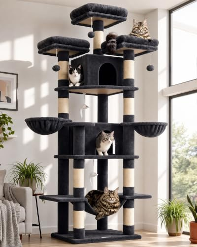 Globlazer F80 Castle Cat Tree Tower 204cm Hammock 3 Perches for Indoor Cats | Stable Cat Tree with 3 Top Perches, 2 Cat Caves, 2 Hanging Baskets, Easy to Assemble Heavy Duty Cat Tower for 2/3 Cats