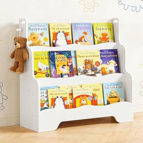 PAMPORPET Bibliotheque Enfant en Bois, 3 Niveaux Etagere Rangement Livre Enfant, Bibliothèque Enfant Montessori avec Crochet, Enfant Chambre Meuble 1-3 Ans (Blanc)