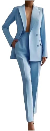 Trouser Suits for Women UK Formal Elegant Long Sleeve Button Blazer Jackets Full Length Pants Business Casual Wedding Guest 2 Piece Outfits Office Work Blazer Coat Sky Blue