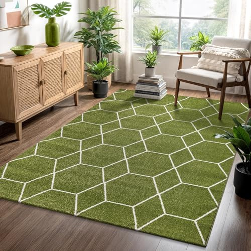 SANAT Wohnzimmerteppich – Pflegeleicht, für jeden Raum geeignet – Öko-Tex zertifizierter Flächenteppich – Trellis Muster, Grün, 200 x 290 cm