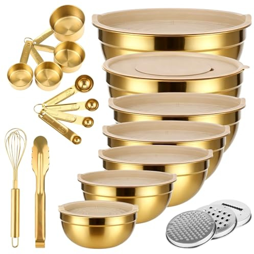 SWEWARM 20 PCS Gold Stainless Steel Mixing Bowl Set with Lids, 7 Nesting Bowls 3 Graters 8 Measuring Spoons 1 Whisk 1 Food Tong, Golden Kitchen Prep Kit