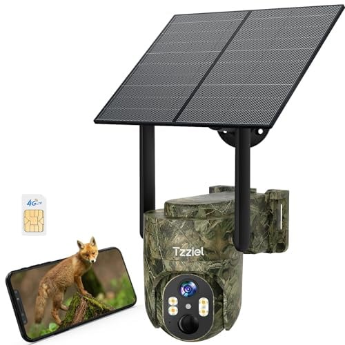 Tzziel 4G Fototrappola Esterno con SIM e Pannello Solare,2K Telecamere Batterie Senza Fili,2K 360 PTZ Telecamera Senza WiFi con Pannello Solare e Batterie, Visione Notturna, PIR Rilevamento, IP66
