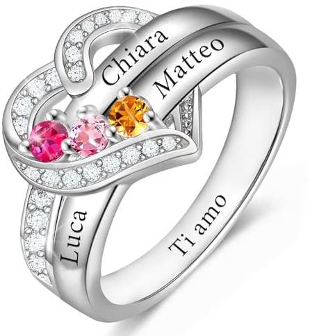 AAQ Anello donna personalizzabile - anello personalizzato con nome e pietra di nascita, regalo mamma per festa della mamma, regalo donna per San Valentino (3 Nome)