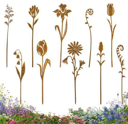 KZARYVEXIS Gartenstecker Rost 10er Set, Metallblumen Steckdeko | Mit Wildblumen-Silhouette, Wetterfeste Rostoptik, Eisen-Florales Ornament für Beete, Kübel, Hof, Balkon, Garten, Dekorativ