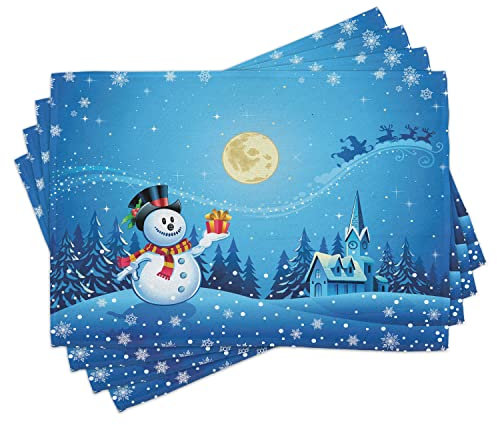 ABAKUHAUS Weihnachten Platzmatten, Schneemann Sanra Geschenk, Waschbare Stoff Esszimmer Küche Tischdekorations Digitaldruck, Gelb Blau