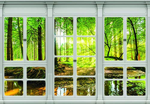 Forwall Fototapete Vlies Wanddeko Fenster Ausblick - Moderne Wanddekoration Fensterblick 3D Landschaft 10637V4 254cm x 184cm