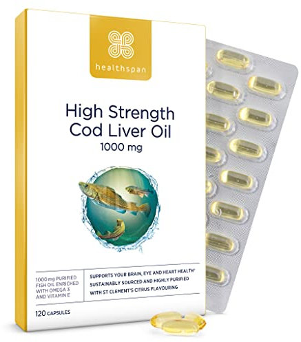 Healthspan Cod Liver Oil 1,000mg | Rich in Omega 3 Fatty Acids DHA & EPA | Brain, Eyes & Heart Health | Vitamin A & D3 | Vision, Bones, Teeth & Immune | Sustainably Sourced (120 Capsules)