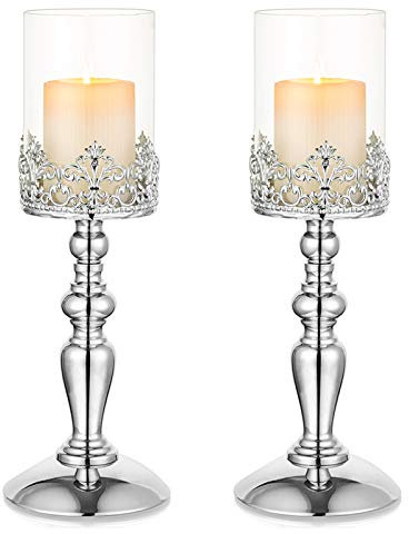 Nuptio 2 Piezas Candelabro de Pilar Plateado con Vidrio, Candelabros Hurricane, Candelabro de 32cm Alto para Bodas Aniversario Inauguración de la Casa Fiesta de Navidad Mesa Chimenea Repisa
