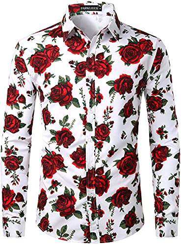 PARKLEES Chemise boutonnée à manches longues en polyester imprimé 3D pour homme, blanc/rouge, M
