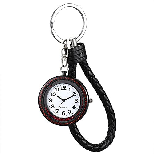 JewelryWe Krankenschwester Taschenuhr mit Leder Schlüsselanhänger, Quarz Analog Fob Uhr für Outdoor-Camping Geschenk Schwarz