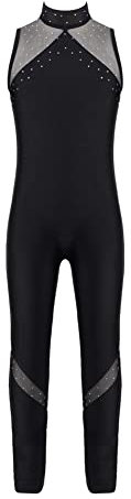 CHICTRY Gymnastikanzug Mädchen Ganzkörper Kinder Ärmellos Ballettanzug Strass Glitzer Tanzbody Stehkragen Trikotanzug Cut Out Leotard Tanzkostüm Schwarz 146-152