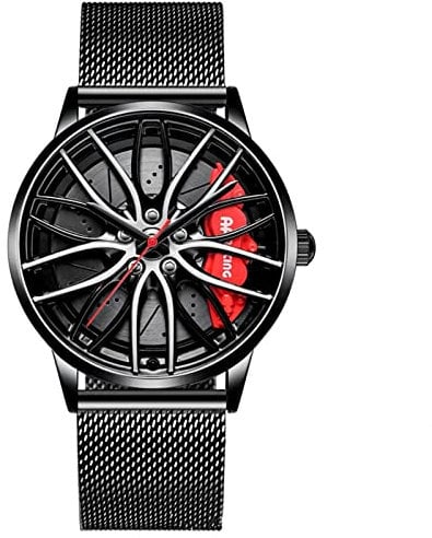 RWXCOW Herren Uhr Kreativ Armbanduhren,Autorad Felgennabenuhr,Auto Rad Felgen Nabe Uhr, Männer Sport Wasserdicht Custom Design Armbanduhr,3D Auto Rad Felge Nabe Quarz Herrenuhr Netzgürtelrot