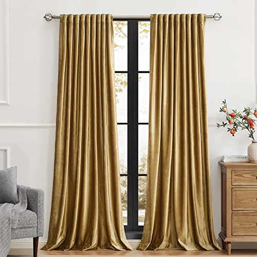Primrose Goldene Samtvorhänge, 274,3 cm lang, für Wohnzimmer, Set mit 2 Paneelen, Verdunkelungsstabtasche, Rücklasche, Fenster, Behandlungsraum, Verdunkelung, schwere dekorative Vorhänge für