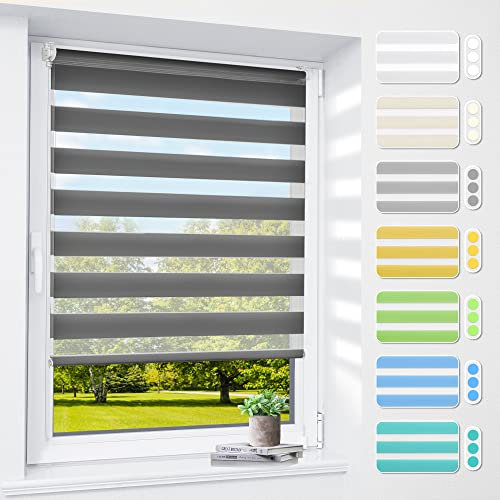 Doppelrollo klemmfix ohne Bohren & mit Bohren, 60x150cm (BxH) Anthrazit, 3-in-1 Duo Rollo für Fenster & Tür, Fensterrollo innen lichtdurchlässig & verdunkelnd, Klemmrollo Rollos Sonnenschutz
