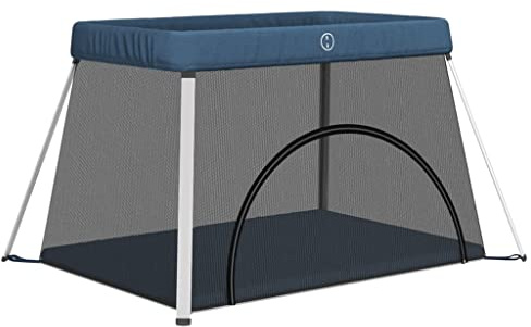 vidaXL Baby Laufstall mit Matratze Faltbar Reisebett Laufgitter Schutzgitter Absperrgitter Krabbelgitter Spielstall Babybett Marineblau Leinenstoff
