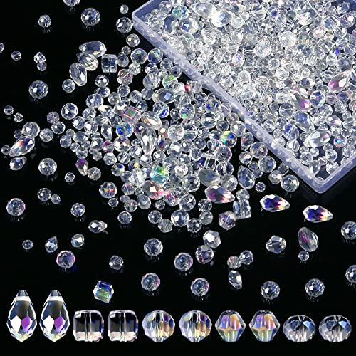 Kit de 900 Cuentas de Cristal, Cuentas Cristal Facetadas de 4/6/8 mm con Caja Contenedora de Cuentas Facetadas Cuentas de Cristal para Bisuteria Hacer Collares, Pendientes, Pulseras (Color AB)