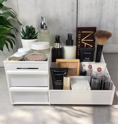 Organizer Trucchi Bagno in Plastica con Contenitori per Cosmetici e Cassettini Portaoggetti. Bianco