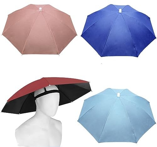 MUFEKUM 4 Stück Regenschirm Hut, 69cm Regenschirmhüte für Erwachsene, 360°Gegen UV Kopf Regenschirm, Wasserdicht Schirmhut mit Kopfband für Outdoor-Party, Angeln, Sonne, Strand, Golf, Wandern