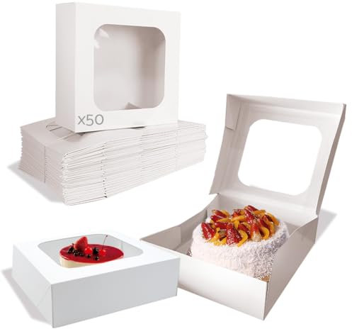 Be Your Packer 50 Scatole per Torte in Cartone 32x32x10 cm - Kraft Bianco con Finestra - Ideali per Torte e Dolci