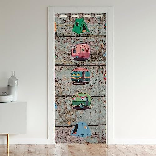 Wohnmobil Türvorhang 106x203cm Camping Vorhang für Innentür Raumteiler für Wohnzimmer Bunt Cartoon Camping Auto Vorhang Holzdiele Dekor Vintage Vorhang