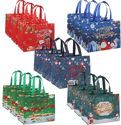 15Stück Große Weihnachts Geschenktüten,wiederverwendbare Einkaufstasche mit Griff, Vliesstoff-Weihnachtseinkaufstasche, faltbar, wasserdicht, für Weihnachts-Geschenk Verpackung, Party-Dekoration