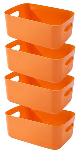 EURXLQ 4 Stück Aufbewahrungsbox Kunststoff Aufbewahrungskorb mit Griffen Eingedicktes Badezimmer Organizer Küchenschrank Körbe Aufbewahrung Kunststoffbox für Badezimmer Küche (Orange, 20×15×7 cm)