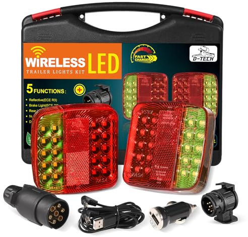 D-TECH Wasserdicht Kabellos LED Rückleuchten Mit Magnet 12V 24V Bluetooth für Anhänger, Traktor - 13 Auf 7 Polig Adapter, Magnetisch Akku