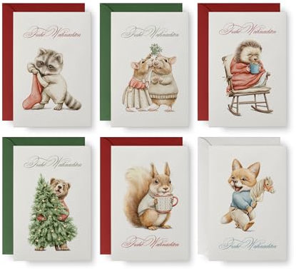 emotioncards - (6 Stück) Liebevolles Weihnachtskarten-Set mit Tieren - inkl. Umschlag - Aquarell - Premiumkarton mit angenehmer Haptik und schön zu beschriften (115 mm x 170 mm) - Nr. 1