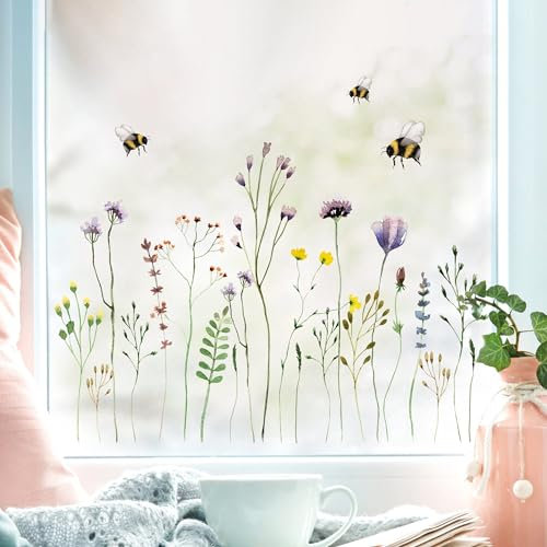 Wandtattoo Loft Fensterbilder Frühling mit Wildblumenwiese Frühling Motiv – A2 Bogen, Wiederverwendbar – Frühlingsdeko Fenster, Frühlingsbild Fenster, Fensterdeko Frühling, Fensterfolie Frühling