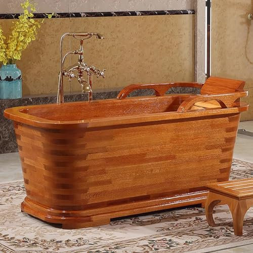 MegLob Freistehende Holzbadewanne Für Innenbadezimmer, Spa-Center, Freistehende Badewanne Aus Massivholz Mit Wannenstuhl Und Pop-Up-Ablauf, Moderne Holzbadewanne Mit Handläufen,150cm/59.05