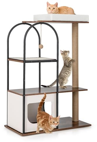 GYMAX Arbre à Chat à 4 Niveaux 118CM, Tour pour Chat avec Poteaux à Gratter & Condo & Perchoir Supérieur & Jouet Suspendu & Planche en Sisal, Meuble Moderne pour Chats d'Intérieur (Blanc)