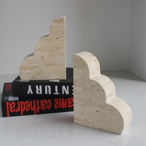 Natust Serre-livres de luxe en travertin beige pour étagères, serre-livres décoratifs festonnés pour livres lourds, support de livre en marbre solide et robuste pour décoration d'étagère
