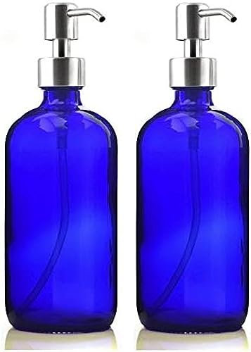 Distributeur de Savon Liquide 2 X 500 ML, Bouteille Vide en Verre Bleu Cobalt de 16 oz avec Pompe en Acier Inoxydable pour désinfectant pour Les Mains, lotions Faites Maison, Distributeur de