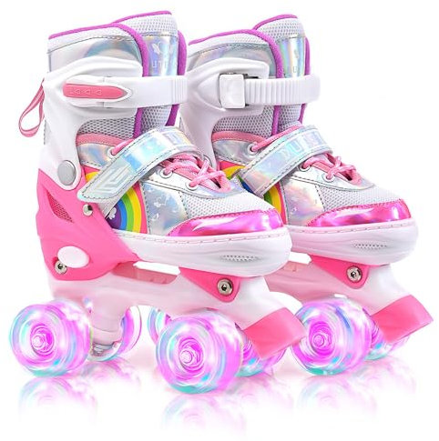 ERNAN Rollschuhe Mädchen Verstellbar.komfortabl LED Rollerskates für Jugendliche und Anfänger.4 Größen verstellbar,Rollschuhe für Mädchen,Jungen und Anfänger (Rainbow, S)