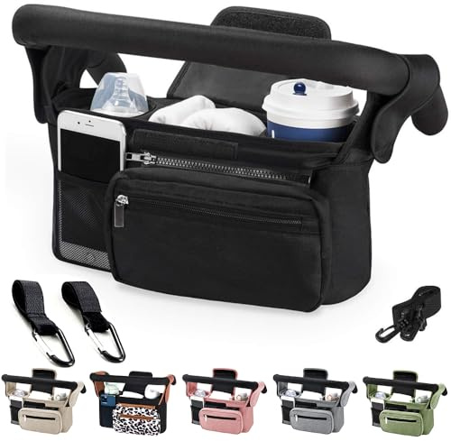 Tyuodna Kinderwagen Organizer Universal,Kinderwagen Tasche mit 2 Isolierten Becherhalter,Buggy Organizer,Kinderwagentaschen mit Schultergurt und Rutschfeste Sichere Haken (Schwarz)
