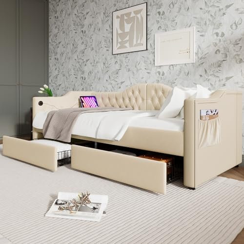 Merax Polsterbett 90x200cm mit Schubladen & Ladefunktion, Tagesbett Einzelbett mit Lattenrost, Funktionsbett Schlafsofa Stauraumbett, Samt, Jugendbett & Kinderbett & Gästebett, Ohne Matratze, Beige