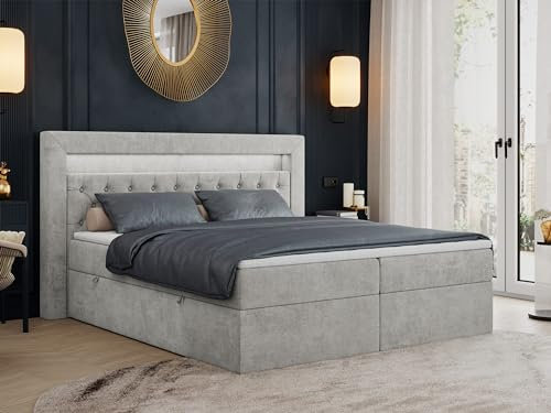 MKS MEBLE Boxspringbett 140x200 mit Led Grau, Bett 140x200 mit LED Kopfteil, Multipocket Matratze H3, Doppelbett mit Bettkasten Stauraumbett - Gold-6 - Hellgrau Struktur