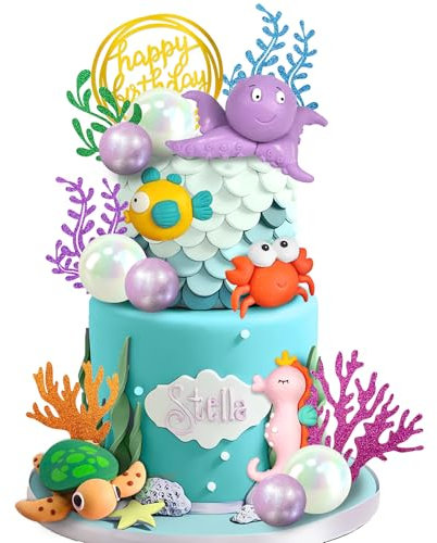 19 PCS Ocean Animal Cake Toppers Sea Animal Cake Toppers Under the Sea Cake Decorations for Sea Ocean Theme Baby Shower Birthday Party Decorations Supplies (Ocean 2)