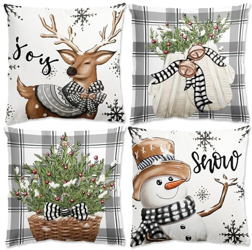 4er Set Kissenbezug Weihnachten, Weiß Und Grau Rentier Deko Weihnachten Kissenbezug 45x45cm, Weihnachtsdeko Kissenbezug Kariert Für Christmas Decorations Indoor, Winter Deko Wohnzimmer Sofa Bettwäsche