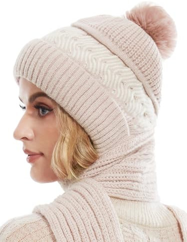 Knuffnee Damen Winter Warme Mütze Winddichter Kapuzenschal Weiche Strickmütze Fleece Gefüttert Mütze Schal 2 in 1 Rosa