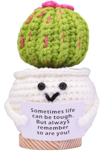 MuMyer Lustiger positiver Häkelkaktus, handgefertigt, emotionale Unterstützung, Wolle, Stricken, Kaktus-Puppe, Auto-Armaturenbrett-Dekoration, aufheiterndes Geschenk, mit Holzsockel für Auto, Zuhause,
