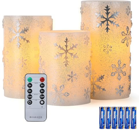 EXTSUD 3 Stück Adventsgesteck mit LED Kerzen Flammenlose Kerzen mit Timer und Batterien Schneeflocke Design LED Echtwachskerzen Weihnachtskerzen LED Kerzen für Weihnachten und Partys