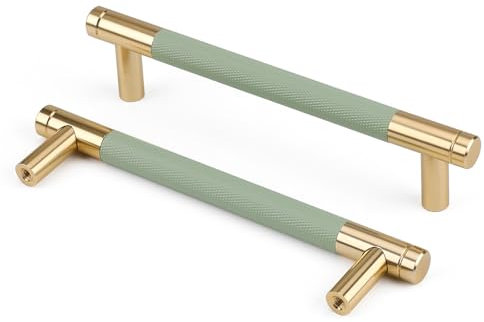goldenwarm 10 Stück Gerändelte Schrankgriffe Gold Möbelgriffe Modern Grün 128mm Lochabstand Messing Griffe für Küchenschränke Mintgrün
